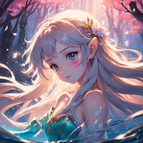 "Portrait of the elf princess，Elegant and beautiful，Bright colors，Delicate lines，Fine texture，Charming expressions，Soft light and shadow，dreamy background，Long flowing hair，Shining eyes，with petals falling，Clear water，Attention to detail，true to life，Magic...