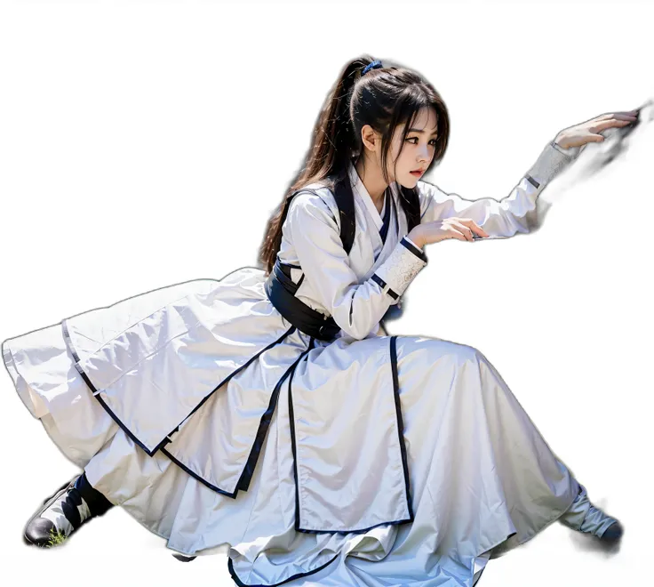 An Arad woman in a white dress holds a black object, White Hanfu, full-body wuxia, Hanfu, full-body xianxia, with acient chinese clothes, nanquan, Palace ， A girl in Hanfu, High quality clothing, Wuxia, traditional tai costume, inspired by Gu An, inspired ...