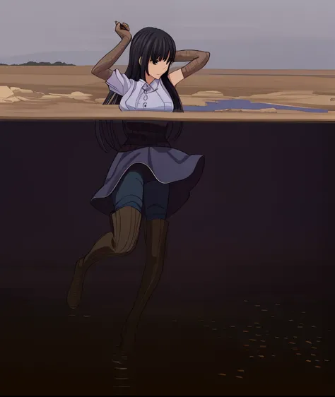 The girl in knee-length boots fell into the swamp