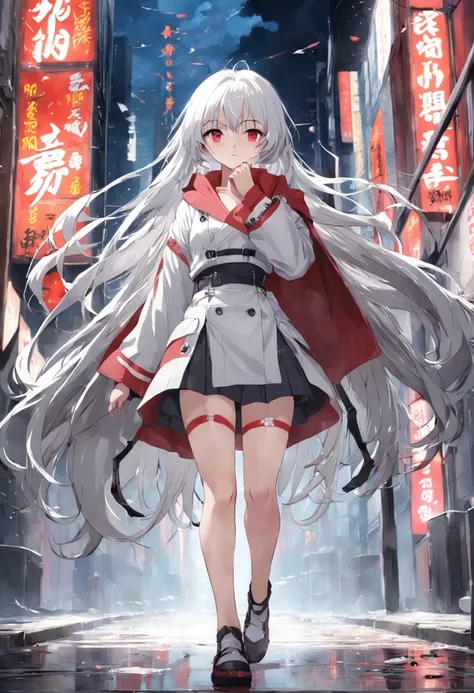 woman、long  white hair、red pupils、Thick gray coat、Bandage on the right thigh、grey short skirt、White color blouse