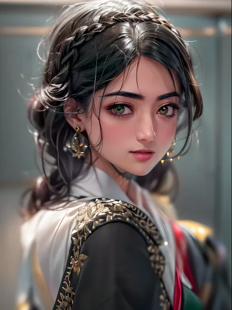 (masterpiece, high resolution:1.3), (portrait of a rashmika woman with long hair adorned with multiple braids and red ribbons:1....