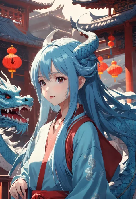 chinesedragon，teens girl，China-style，Light blue long straight hair。