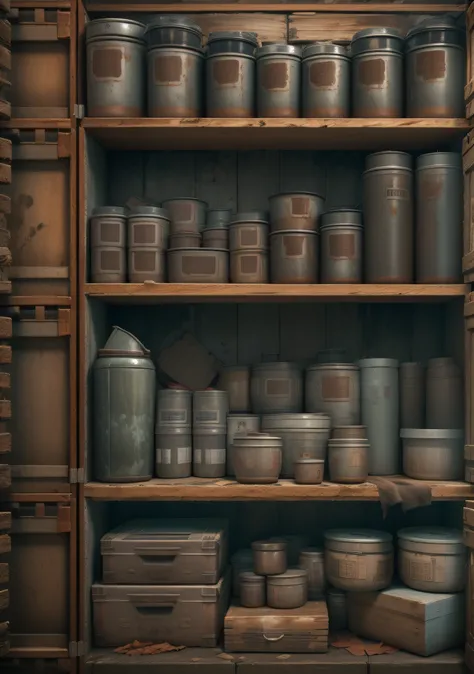 Safe house storage shelves，Three layers of storage shelves，A single three-tier storage shelf on the front，Nothing was on the storage shelf，Doomsday Safe House，Dim light，Ruined scene，Armageddon，Realistic background，ultraclear，Lots of detail