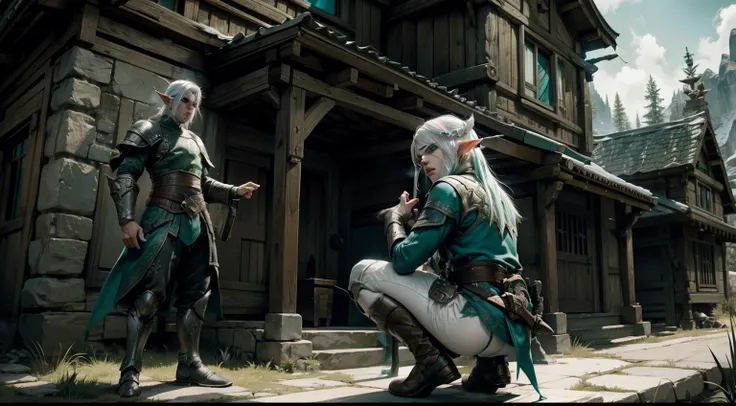 Duo: Elf ( white colored hair, Green eyes ) Squatting, Elf ( white colored hair, Cyan eyes ) squatting and breaking into the house, vibe ( With Skyrim in the background ) ( letho )