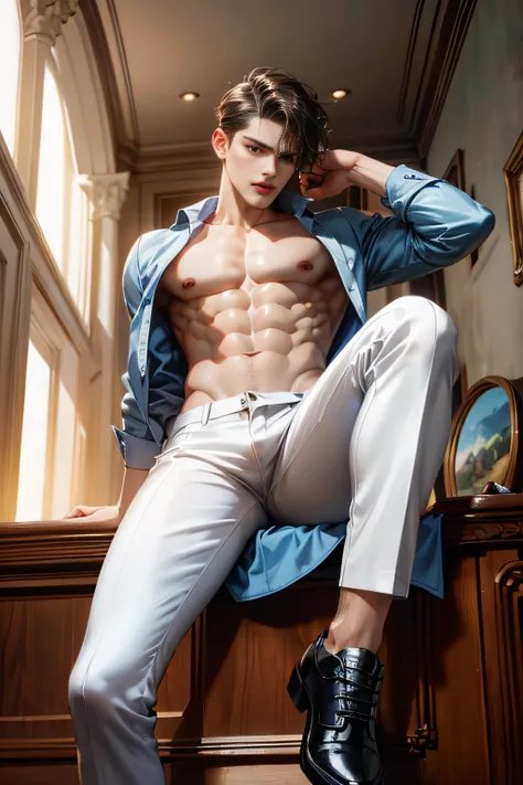 (absurderes, A high resolution, Ultra detailed, hdr), Masterpiece, Best quality, Portrait of a boy, Handsome boy with red eyes, Detailed face, Professional photo, The Alafed man is shirtless, Fight comfortably，legs are open, (puffynipple(From below:1.1)), ...