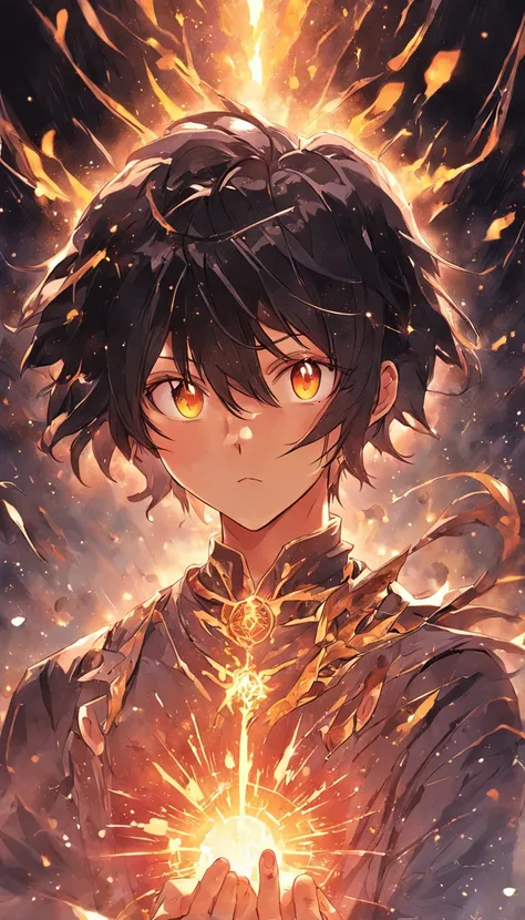 A painting that represents the essence of magic in your world, Black hair is exposed, Sparkling golden-eyed protagonist，There is a mysterious black mark on the neck，Immerse yourself in a series of magical fire energy, Glowing particles dance around him，Mys...