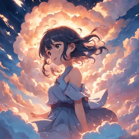 masterpiece, best quality, movie still, 1girl, cloud girl, floating in the sky, close-up, bright, happy, warm soft lighting, sunset, (sparks:0.7)