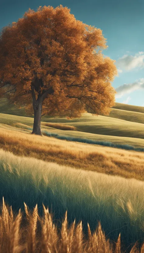 Soft artwork of rolling hills, Wheat, Rural farmland, Blue sky, Rich textures