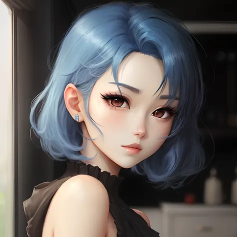 Black Eyes Female Blue Hair Anime Style