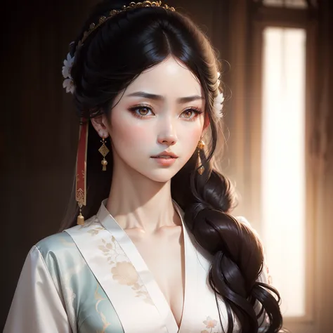 Long-haired Arad woman，Wear a white dress and earrings, Palace ， A girl in Hanfu, ancient chinese beauti, White Hanfu, Chinese girl, Wearing ancient Chinese clothes, Princesa chinesa antiga, gorgeous chinese models, Chinese woman, xianxia fantasy, China Pr...