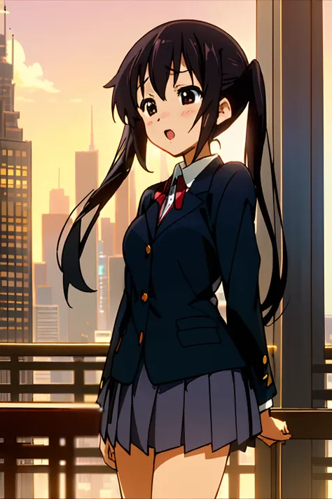 1girl, (((masterpiece))), highest quality, best quality, high detail, nakano azusa, 1girl, sakuragaoka high school uniform, school uniform, twintails, long hair, black hair, brown eyes, solo, red , a navy blue blazer with red narrow ribbon, a solid white b...