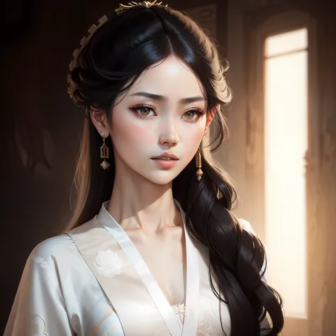 Long-haired Arad woman，Wear a white dress and earrings, Palace ， A girl in Hanfu, ancient chinese beauti, White Hanfu, Chinese girl, Wearing ancient Chinese clothes, Princesa chinesa antiga, gorgeous chinese models, Chinese woman, xianxia fantasy, China Pr...