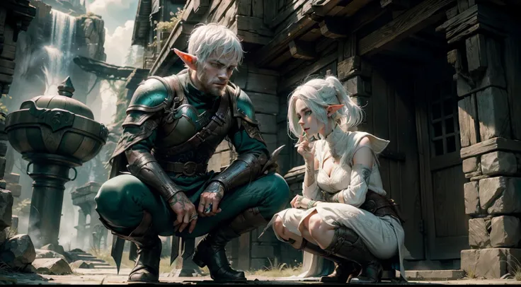 Duo: Elf ( white colored hair, Green eyes ) Squatting ( Worried: 1,3 ) , Elf ( white colored hair, Cyan eyes ) squatting and cracking the chest, vibe ( With Skyrim in the background ) ( letho )