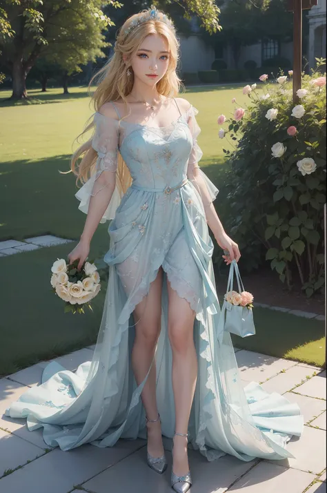 ((top-quality、​masterpiece、photographrealistic:1.4、in 8K))、Beautuful Women、18year old、Beautiful expression、a blond、extremely detailed eye and face、beatiful detailed eyes、（appearance々A fantastic gorgeous dress made of flowers、Princess）、Luxury accessories、（S...