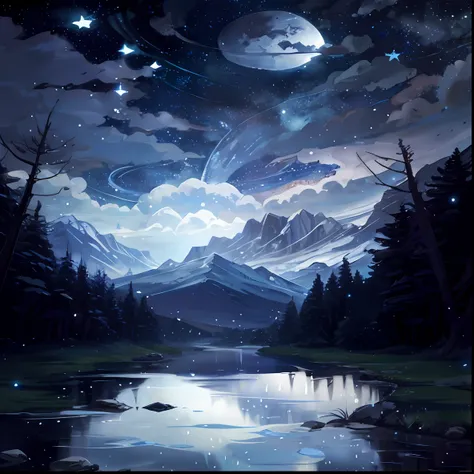 A painting of a river with stars and moon in the sky, concept art inspired by Tosa Mitsuoki, pixiv contest winner, best quality, fantasy art, beautiful anime scene, a bright moon, moonlit starry environment, dream painting, Anime Background Art, Fantasy La...