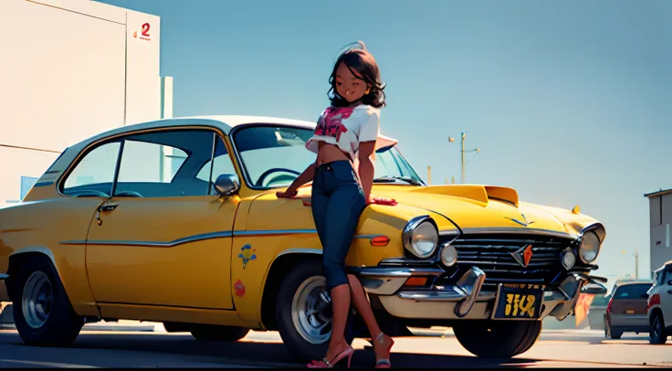 Octane Render、(Hyper-detailing: 1.15)、(Soft light、sharp: 1.2)、morning、Little girl posing in front of car in parking lot near beach, Full body,Accessories for shoes、（ hair adornments、耳Nipple Ring、Floral hair ornament、butterfly hair ornament）、 Fuji Film, F/4...