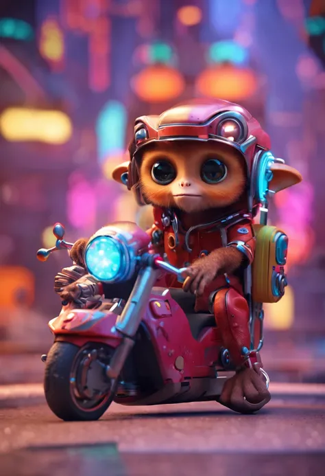 A small monkey,，magical, Anthropomorphic,Upper body length，Short legs， Wear a futuristic machine，Carry mechanical weapons, The background is a colorful universe. pixar animation, Funky blind box, OC Render, Ray traching, High quality, High detail, high res...