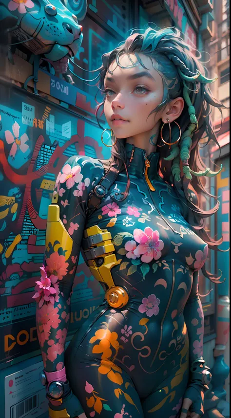 "1 cyborg girl with tattoos, dread hair in spring, puffer suit, vibrant and luminous colors, sharp and cinematic style, depth of...