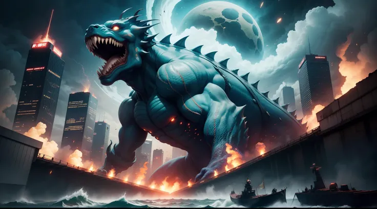 Mutated sea creatures invade Japan, Landing in the city, Energy light waves erupted from the monsters mouth, Wanton destruction of buildings, Ruined streets, Monsters and armies fight, Very many fighters are attacking monsters, cinematic lighting, from sid...