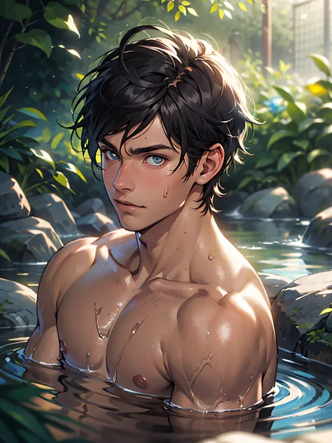 (masterpiece, best quality), 1man, muscular, bright colors, (depth of field: 1.2), sunlight, bright, high exposure, 1boy, male focus, solo, male high school, dark skin, , full, muscular, handsome, outdoors, bathing with steam, hot spring, hot spring, sweat...