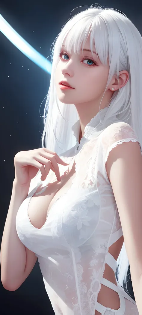 Realistic, high resolution, upper body, 1 woman, white hair, glowing eyes, shirt, transparent garment, 8K, CG, seduction, goddess, hands on the back of the head