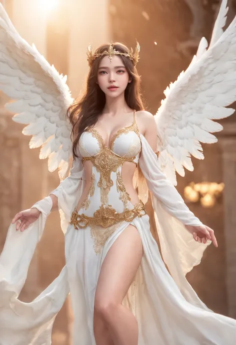 He wears a golden crown on his head、Young and beautiful、Flying in the sky、Breasts are big and sexy、Alafed woman in white bikini with wings and necklace, angelic wings on her back, Beautiful Angel, full - body majestic angel, a beautiful female angel, anime...