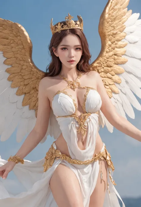 He wears a golden crown on his head、Young and beautiful、Flying in the sky、Breasts are big and sexy、Alafed woman in white bikini with wings and necklace, angelic wings on her back, Beautiful Angel, full - body majestic angel, a beautiful female angel, anime...