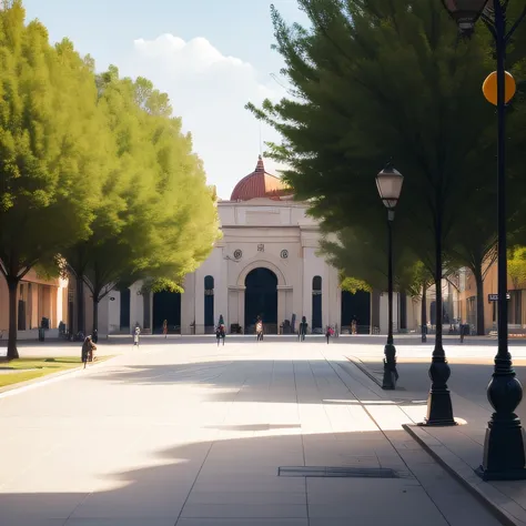 plaza，empty，profile，there are trees around，passers-by walking