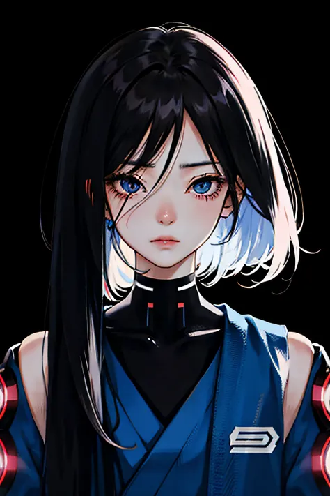 cyborg girl Aesthetic Anime Japanese Sad Girl, black background, facing camera, sad vibes,  high technologie,