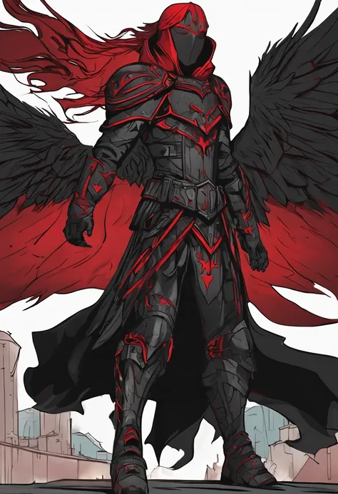 Black armor，Dark red cape，red color eyes，Helmet with long feathers