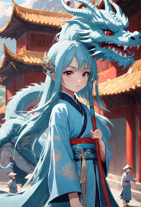 chinesedragon，teens girl，China-style，Light blue long straight hair，Holding a spear in his left hand