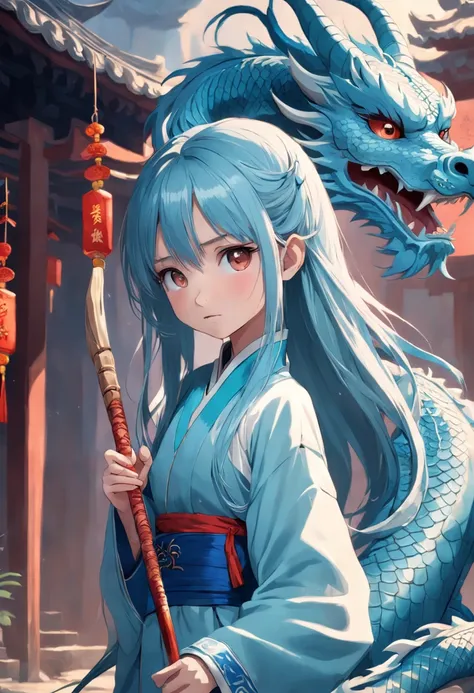 chinesedragon，teens girl，China-style，Light blue long straight hair，Holding a spear in his left hand