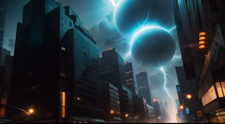 At night, Many huge ball lightning bolts invaded the metropolis，Float in street buildings，dense，frenzied，Realistic texture，Realistic cinematic effects，detail-rich，realisticlying，Ultra-high quality GC quality，Close-up Shot Shot，