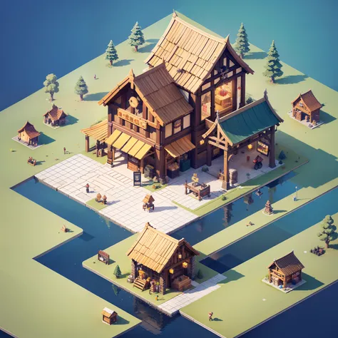 pixel game scenes，isometric architecture，grocery store，