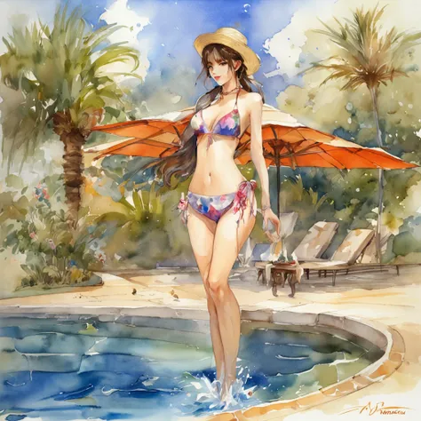 a woman in a bikini standing next to a pool, a photorealistic painting by Mucha, pixiv contest winner, sots art, anime, official art, ultra detailed, splashes of paint of various colors