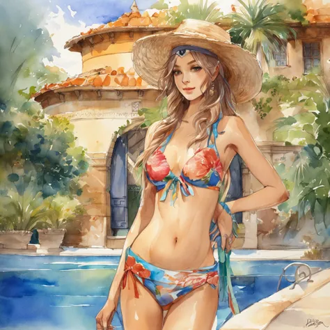 a woman in a bikini standing next to a pool, a photorealistic painting by Mucha, pixiv contest winner, sots art, anime, official art, ultra detailed, splashes of paint of various colors