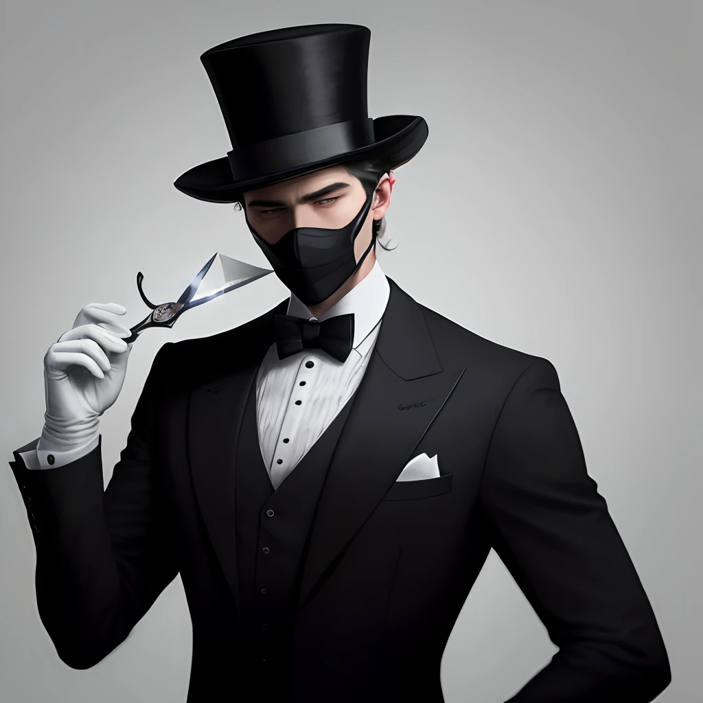 Dressed in a pitch-black suit，A pair of white gloves，A white mask，A black and white top hat，The left hand holds scissors