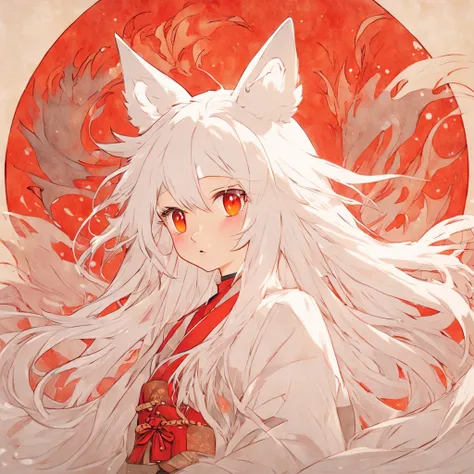 (White background:1.4),(The face of the girls head, Eyes open, Long white hair,White fox ears，There are nine fluffy fox tails，The tail has a fiery red color at the end， Oriental elements)，(Chinese illustration:1.3，paper art:1.3, Quilted paper art:1.2),( re...