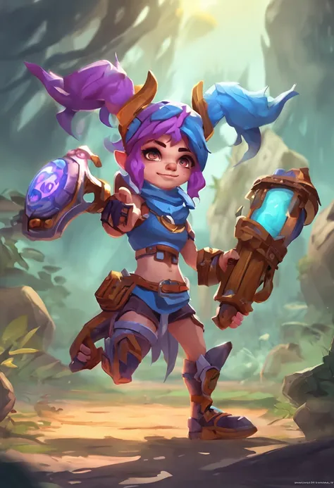 Melhor qualidade de obra-prima (anime:1.1) papoula (Personagem de League of Legends) Yordle (1girl)( pele azul:1.2) orelhas pontudas musculosas magras loiras platinadas penteado longo de duas caudas na academia sorrir, poppy, armadura, playing the guitar