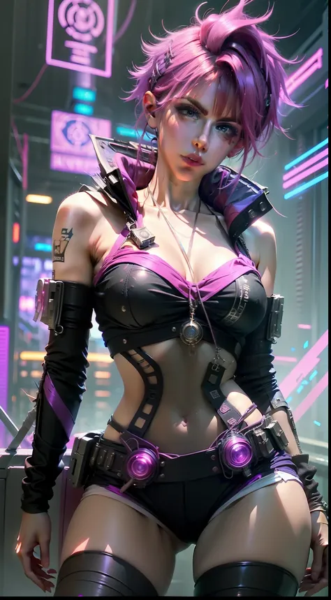 Urban preteen fairy punk Alexandra Daddario in pink tights, big breasts, Cyberpunk Style, Neon background, Real face, multicolored hair, Ultra-Wide Angle, cinematic lighting, glowing light, from above, best quality, super detail, masterpiece, anatomically ...