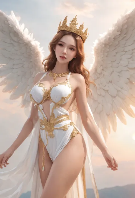 He wears a golden crown on his head、Young and beautiful、Flying in the sky、Breasts are big and sexy、Alafed woman in white bikini with wings and necklace, angelic wings on her back, Beautiful Angel, full - body majestic angel, a beautiful female angel, anime...