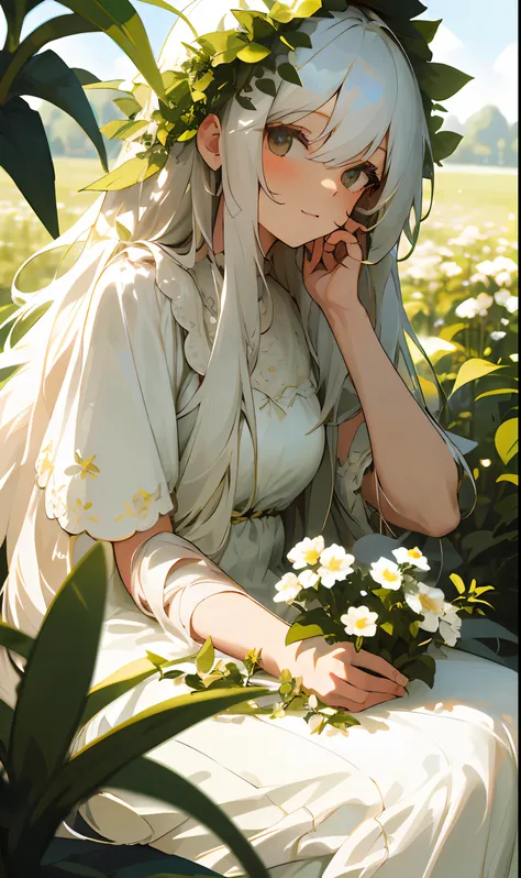 (masterpiece, best quality),1girl with long white hair sitting in a field of green plants and flowers, her hand under her chin, ...