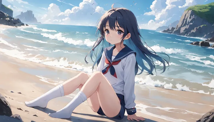 A girl on the beach wears a sailor suit，white stockings，adolable，drenched clothes，shyexpression