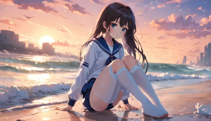 A girl on the beach wears a sailor suit，white stockings，adolable，drenched clothes，shyexpression