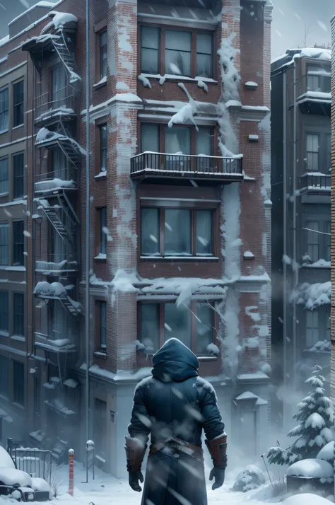 Sub-zero temperature，Ice Age，Blizzard weather，Frozen，Apartment building covered in snow，Buildings frozen by snow and ice，Dilapidated buildings，废墟，dark cloudy weather，Armageddon，Hyper-realistic scenes，Realistic scenes，ultraclear，Lots of detail