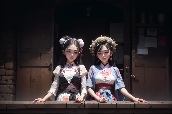 2 girls，Wear traditional clothing，Tujia，