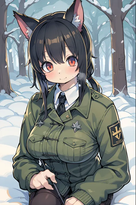 snowy forest, Black hair, Cat ears, Cat Girl,  Red Eyes, Kneeling, Nazi officer uniform, Nazi, Germany, Black Officer Uniform