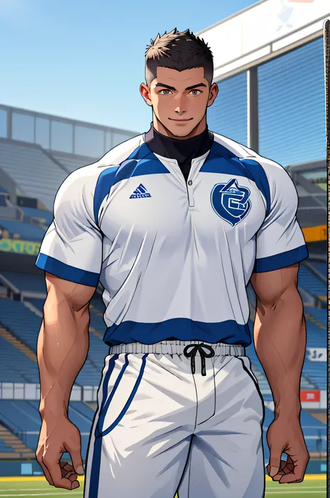 Draw a full-fledged athlete，Stand on the central field of the gym，He wears high-end sportswear，The man looks confident and determined，rays of sunshine，cheerful big breasts，Handsome，Crew cut，full bodyesbian，shooting from below，