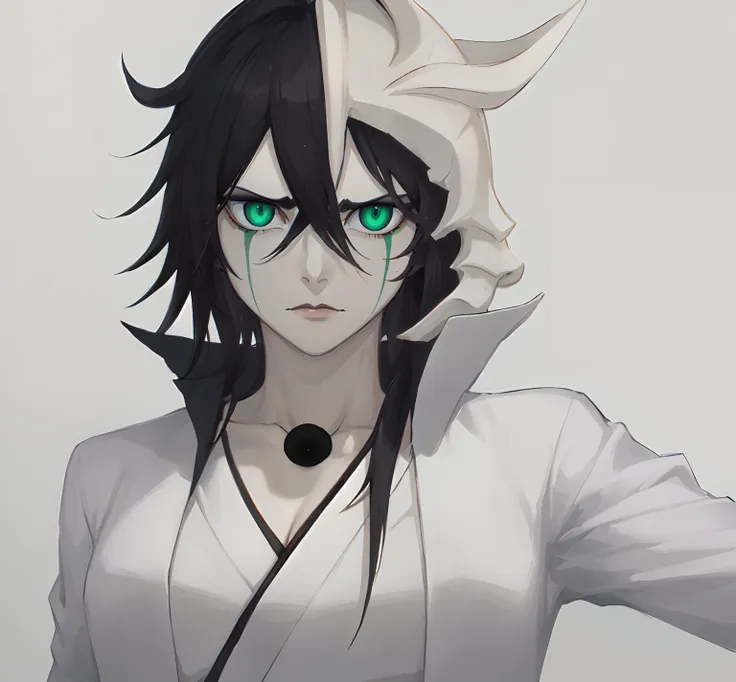 masterpiece, best quality, ulquiorra cifer, genderswap, female ulquiorra cifer, deadpan expression, female focus, black coloured...