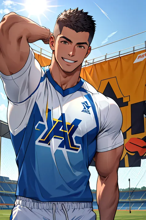 Draw a full-fledged athlete，Stand on the central field of the gym，He wears high-end sportswear，The man looks confident and determined，rays of sunshine，cheerful big breasts，Handsome，Crew cut，full bodyesbian，shooting from below，